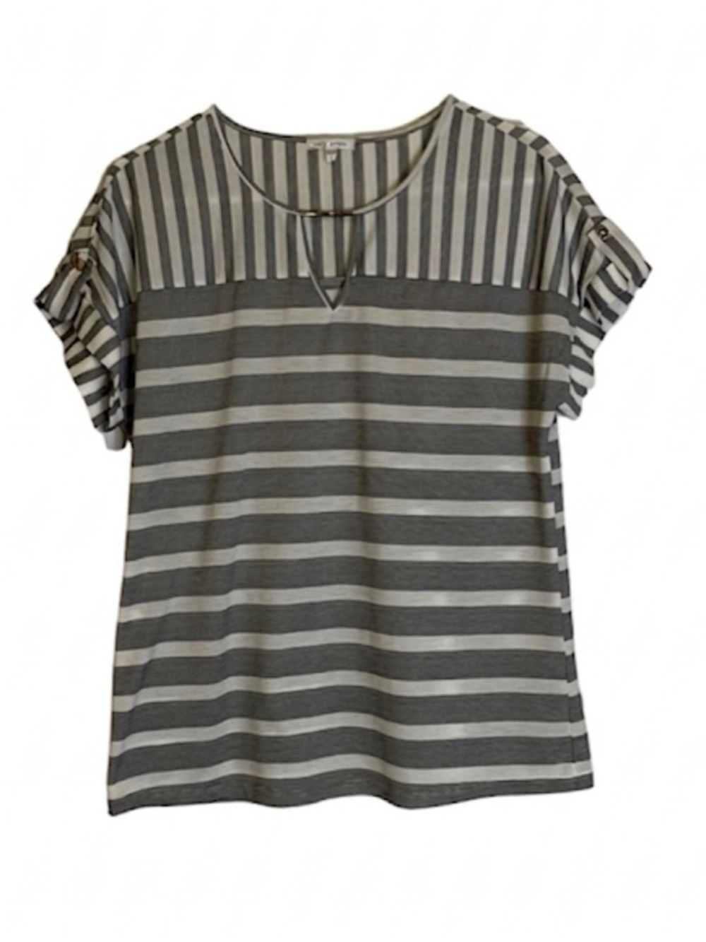 AVA JAMES Striped Short Sleeve Tee, Women’s L, White Grey